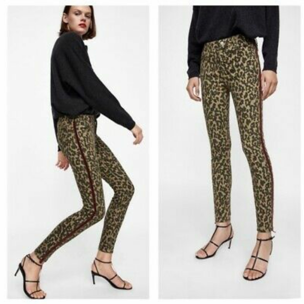 Zara Premium Denim Leopard Print Pants